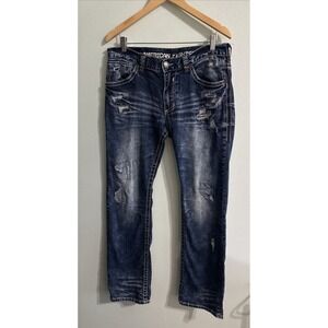 American Fighter Heritage Jeans Mens 33x 31 Blue Bootcut Denim Acid Wash Stretch